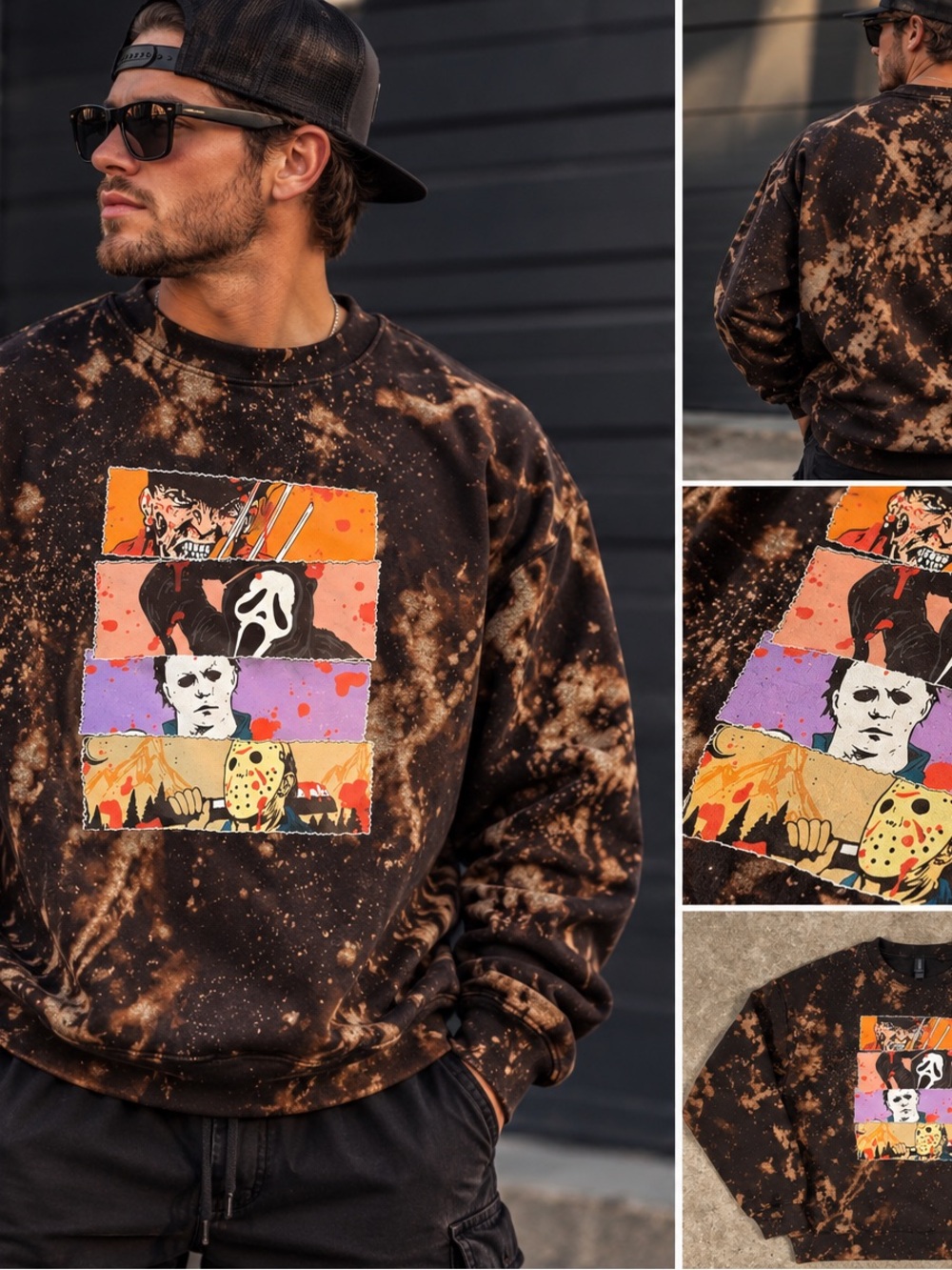 Gildan Black Bleach-Splatter Horror Panel Crewneck Sweatshirt